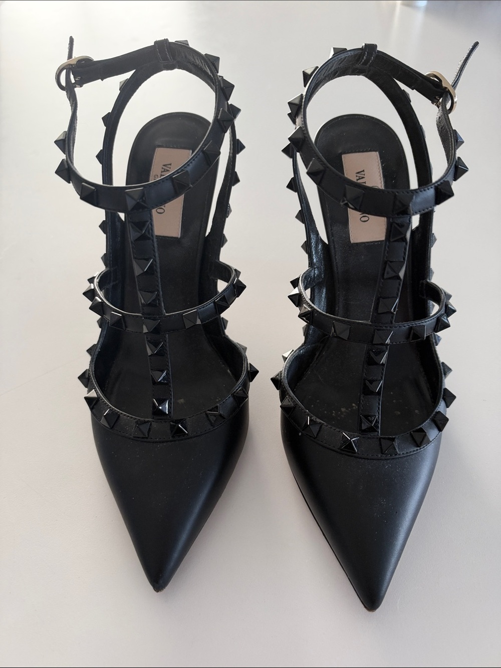 Valentino Garavani Black Pyramid-Stud T-Strap Pointed Heels